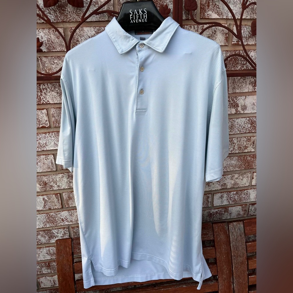 Peter Millar Men’s Light Blue Striped Collared Summer Comfort Polo Shirt Size L.